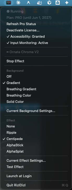 RizlDizl dropdown menu showing background and effect options